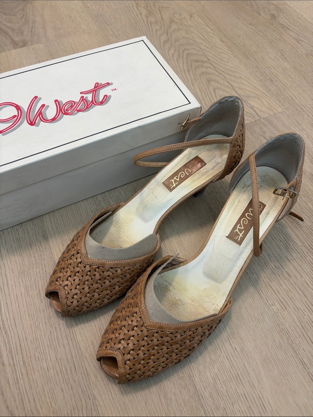 Vintage Nine West Tan Woven Peep-Toe Ankle-Strap Heels